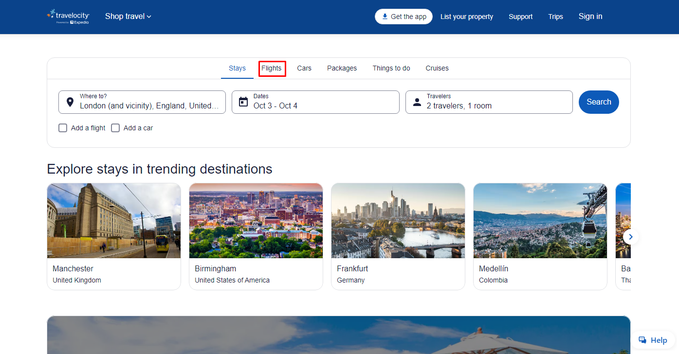 Travelocity Flights section
