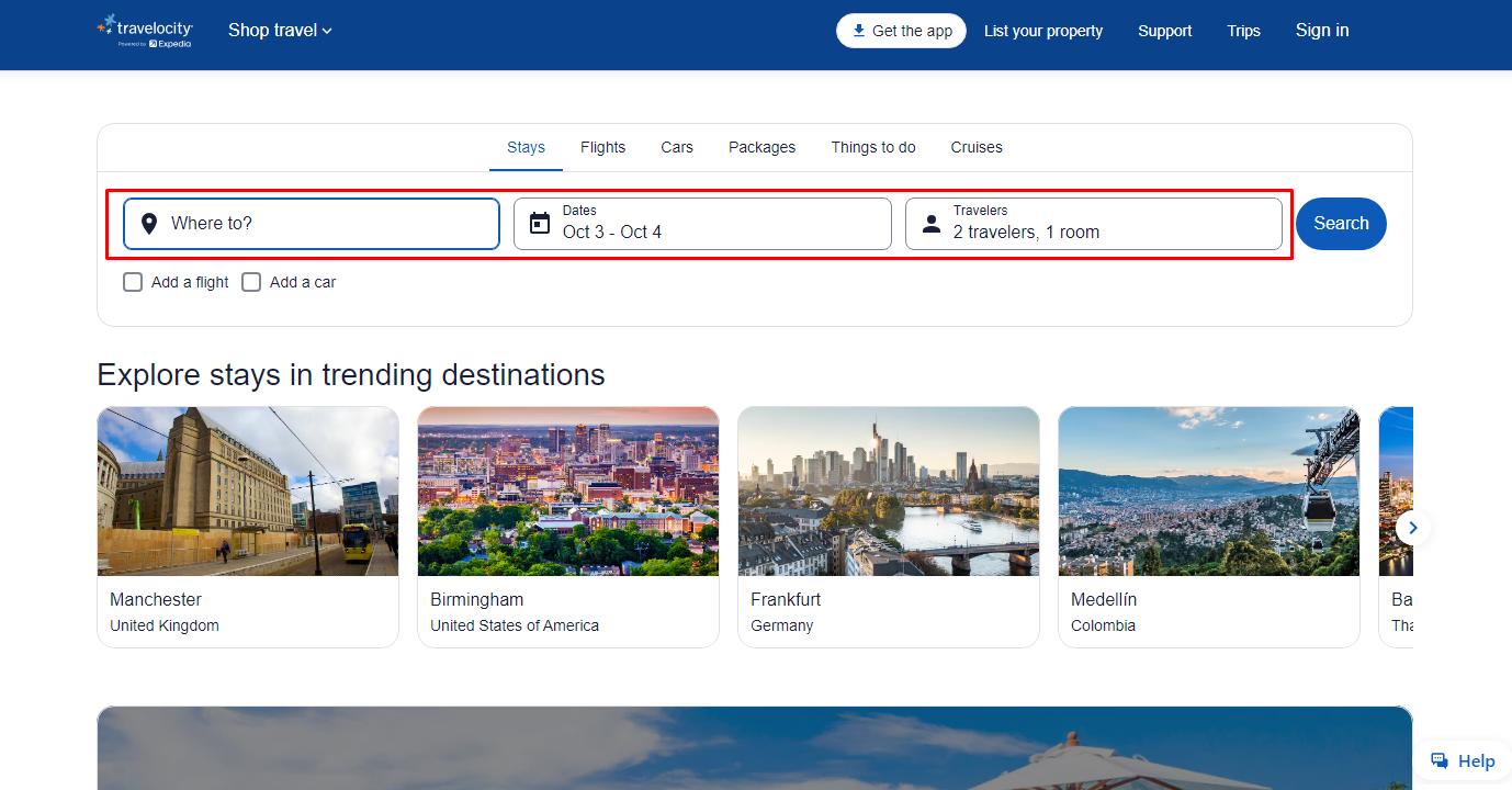 Choose your desired destination, date of stay, and number of travelers on Travelocity Website