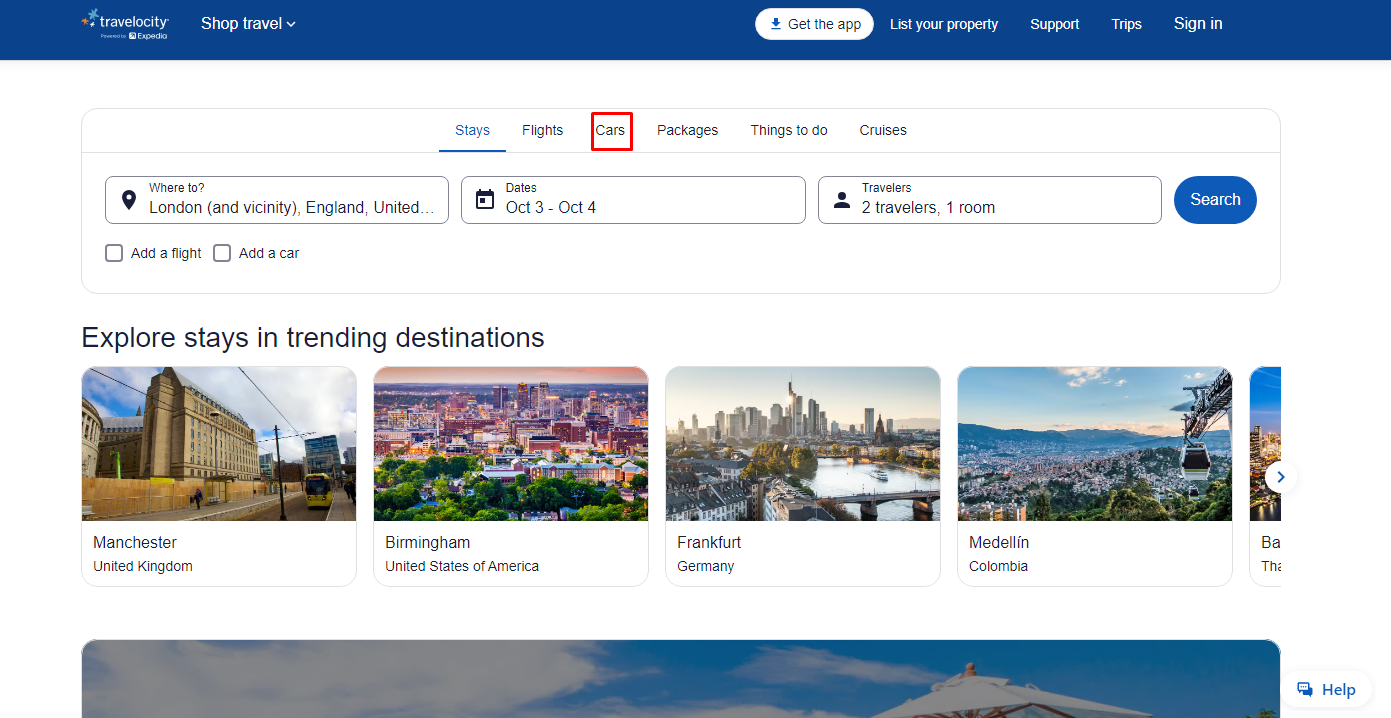 Cars section from the homepage of the Travelocity site