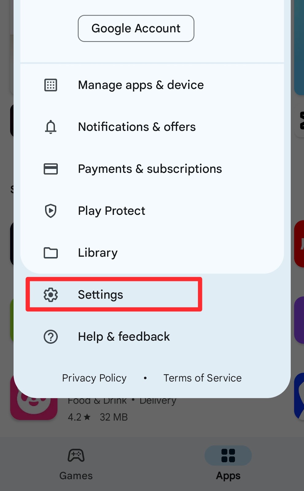 settings of Google Play Store