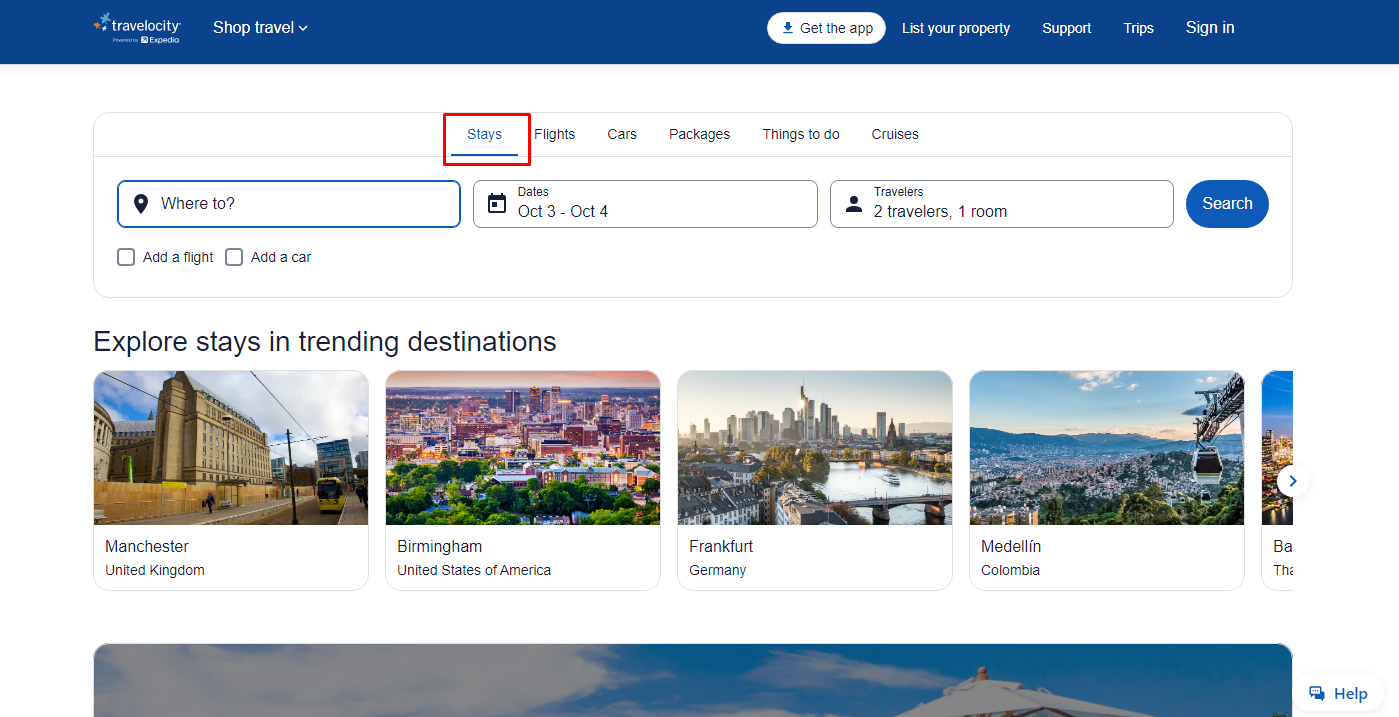Stays section on Travelocity Services website