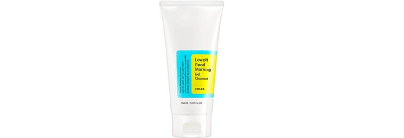 a white, blue, and yellow 150-ml tube of the COSRX Low pH Good Morning Gel Cleanser. On the tube, it says: Low pH Good Morning Gel Cleanser COSRX, Formulated with purifying botanical ingredients, this low pH formula works to soothe, refresh, and soften the skin without the stripping feeling.