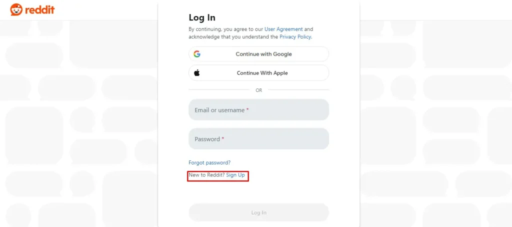 go to sign up on reddit