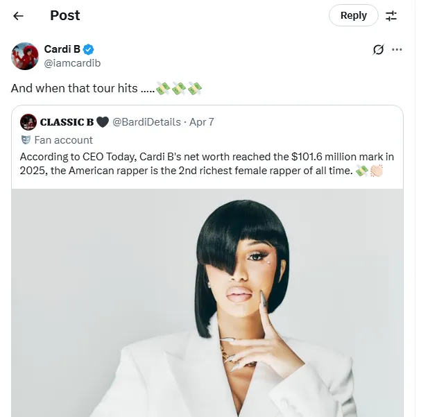 Cardi B Post on X Revealing her net worth of $101 million
