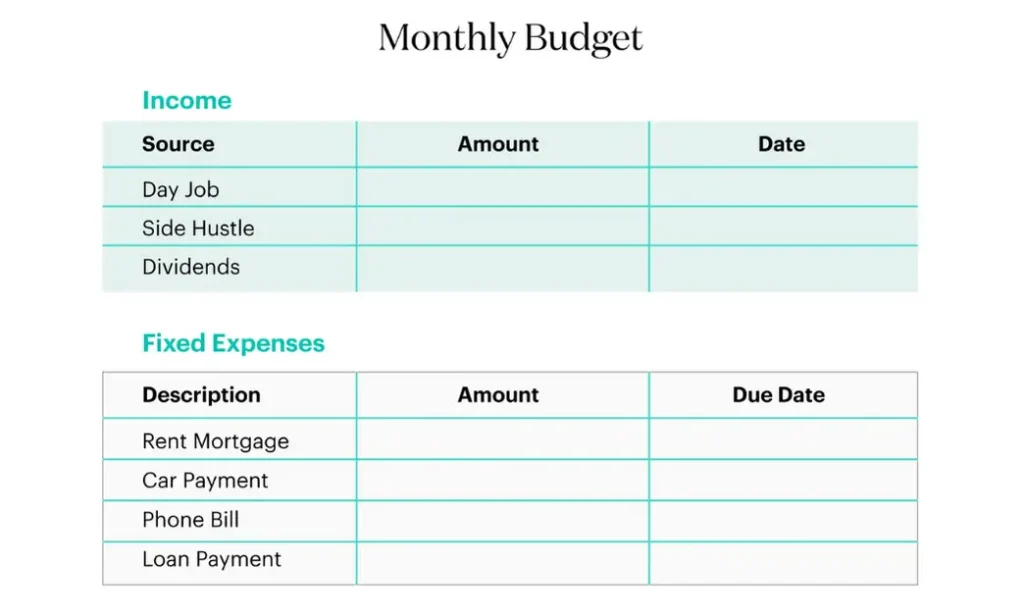 Monthly Budget List for Your House