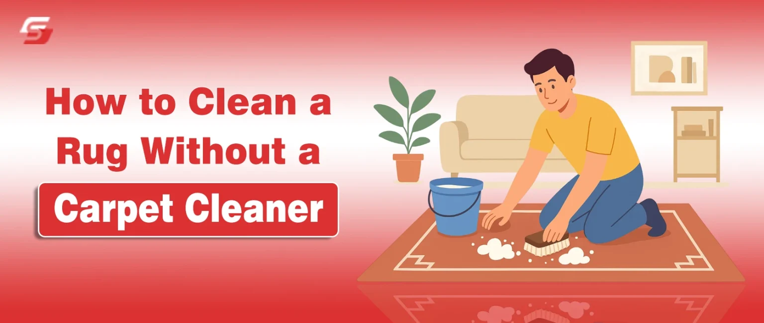 Person washing a rug by hand with a brush and soap water to remove dirt and stains without using a carpet cleaner.