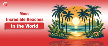 Aerial view of the most incredible beach in the world with crystal-clear turquoise water, soft golden sand, and lush tropical coastline.