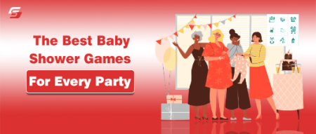 Friends enjoying baby shower games with decorations, gifts, and laughter.