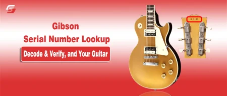 Close-up of Gibson guitar headstock showing highlighted serial number for authenticity check.