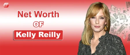 Portrait of Kelly Reilly with text "Kelly Reilly Net Worth," showcasing the British actress and Yellowstone star.
