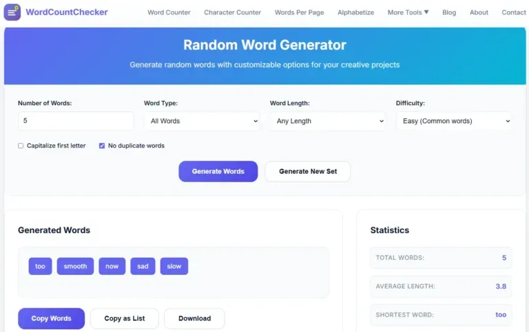 Screenshot of Random Word Generator on WordCountChecker.org