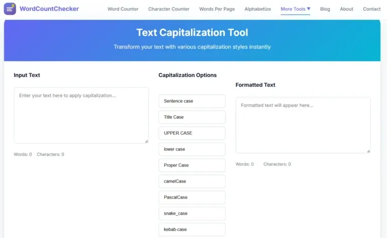 Screenshot of Text Auto Capitalize on WordCountChecker.org