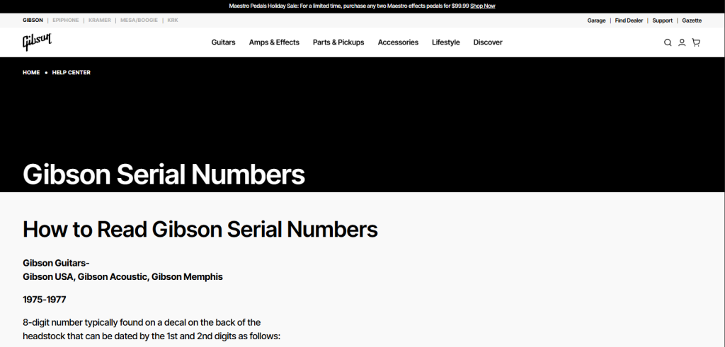 Screenshot from Gibson’s official website showing instructions on how to locate a guitar’s serial number.