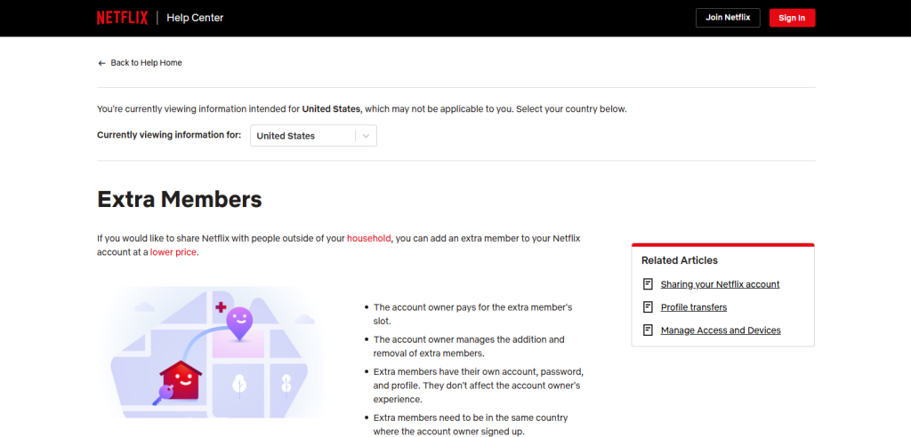 showing data on the extra members from the website of netflix help center