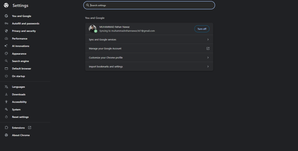 screenshot of settings section on chrome