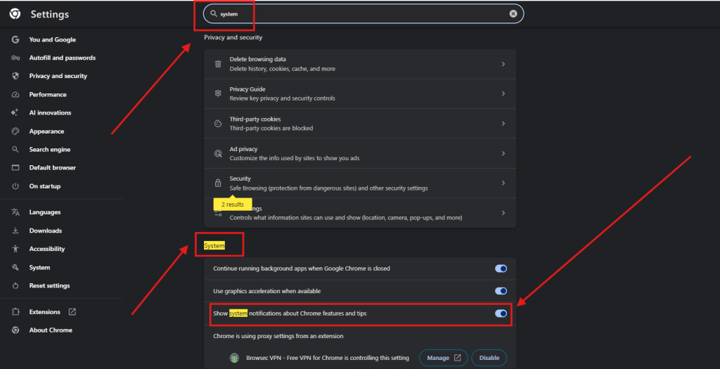 screenshot of settings section on chrome navigating the search bar, the system section and the option to toggle off "Use graphics acceleration when available"
