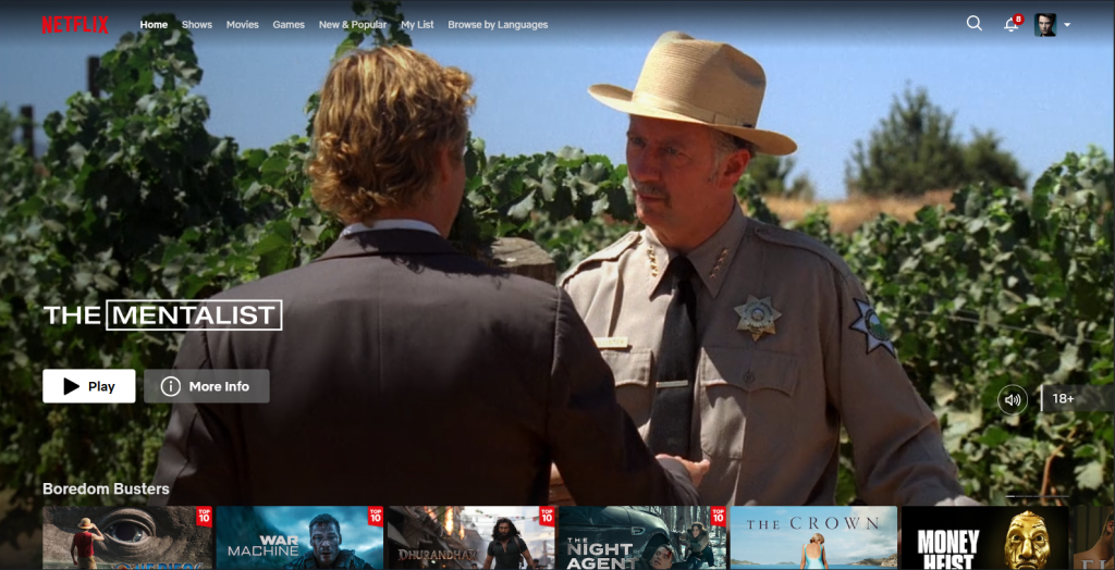 Screenshot of Netflix home screen after signing in