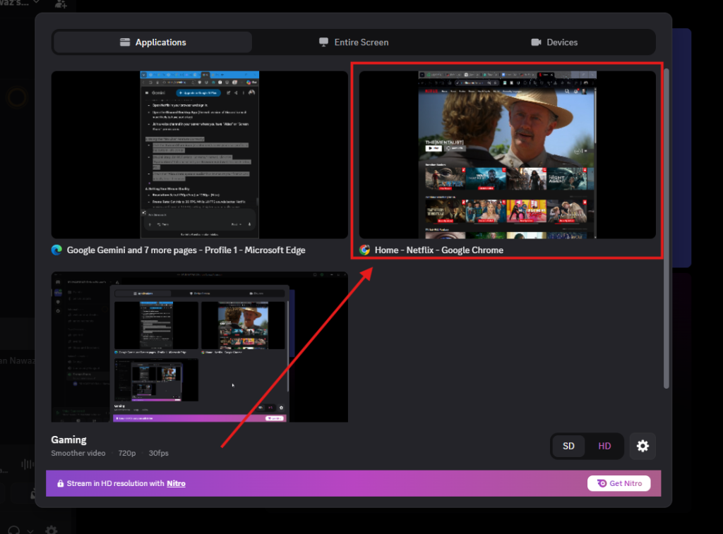 Screenshot of the application screen appearance after clicking on the :Go Live" feature icon in Discord