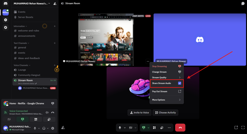 Discord stream settings menu with a red arrow pointing to the "Share Stream Audio" checkbox.