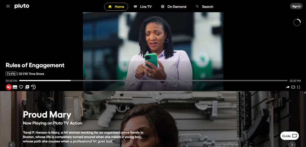 Pluto TV home page screenshot by stuffablog.com