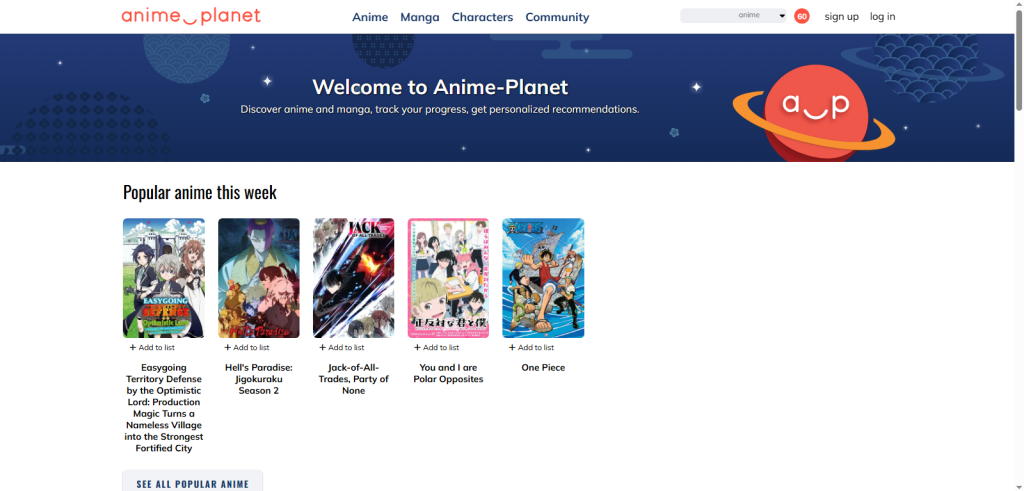 Anime-planet homepage screenshot by stuffablog