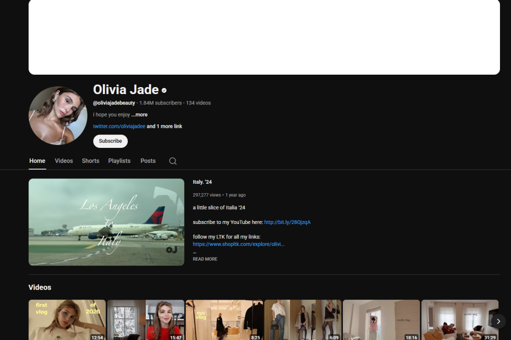 Screenshot showing the Olivia Jade youtube dashboard