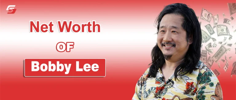 Portrait of comedian Bobby Lee with text "Bobby Lee Net Worth" discussing his career earnings and podcast success.