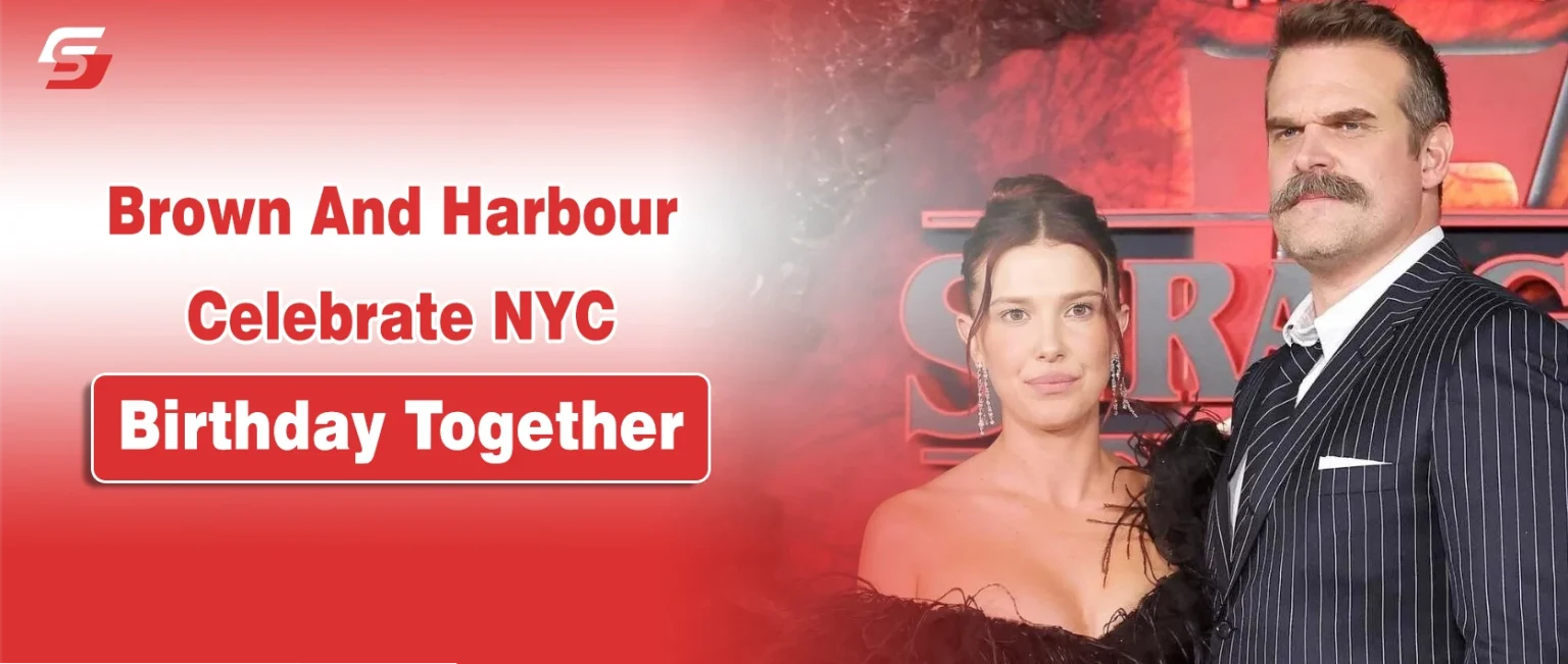 Portraits of Millie Bobby Brown and David Harbour with text "Brown And Harbour Celebrate NYC Birthday Together" at her 22nd birthday bash in New York.