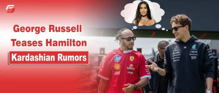George Russell Jokes With Lewis Hamilton Amid Kim Kardashian Dating Rumors Portraits of George Russell, Lewis Hamilton, and Kim Kardashian with text "George Russell Teases Hamilton Kardashian Rumors" regarding F1 dating speculation.