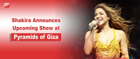 Portrait of Shakira with the Pyramids of Giza in the background and text "Shakira Announces Upcoming Show at Pyramids of Giza."