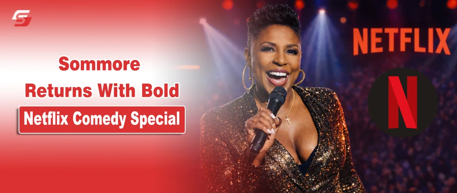 Sommore performing stand-up on stage with text "Sommore Returns With Bold Netflix Comedy Special" for her "Chandelier Fly" release.