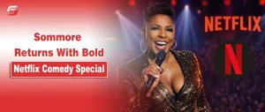 Sommore performing stand-up on stage with text "Sommore Returns With Bold Netflix Comedy Special" for her "Chandelier Fly" release.