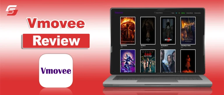 Vmovee Review 2026: Safety, Legality, Features & Alternatives Laptop displaying movie posters for a Vmovee review.