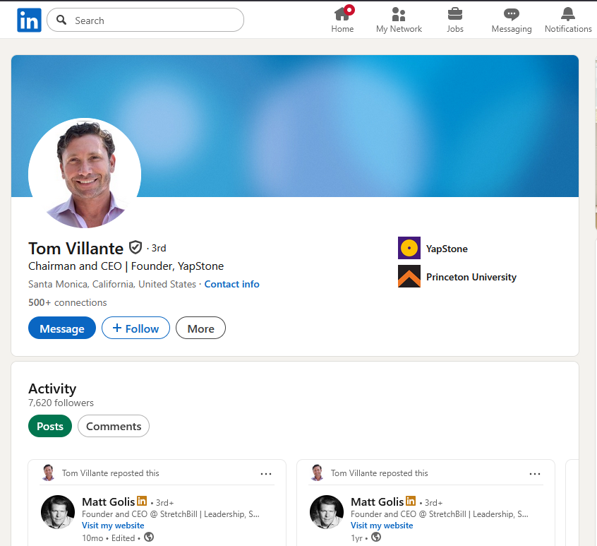 Screenshot from linkedin profile of Tom Villate by stuffablog.