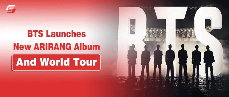 BTS Drops ARIRANG After Four Years and Announces a Historic World Tour Silhouettes of BTS members with a glowing logo and text "BTS Launches New ARIRANG Album And World Tour."