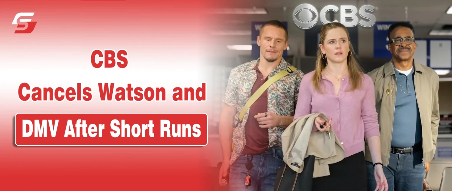 Lead actors from the TV shows Watson and DMV on a red background announcing their cancellation by CBS