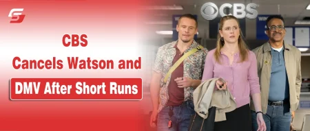 Lead actors from the TV shows Watson and DMV on a red background announcing their cancellation by CBS
