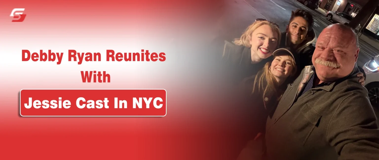 Debby Ryan and Jessie cast selfie in NYC with text "Debby Ryan Reunites With Jessie Cast In NYC."