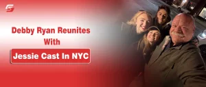 Debby Ryan and Jessie cast selfie in NYC with text "Debby Ryan Reunites With Jessie Cast In NYC."