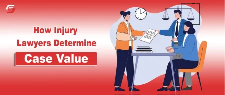 How Injury Lawyers Determine Case Value? Complete Guide Illustration of an injured person handing documents to a lawyer at a desk, with justice symbols in the background.