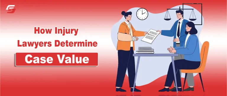 How Injury Lawyers Determine Case Value? Complete Guide Illustration of an injured person handing documents to a lawyer at a desk, with justice symbols in the background.