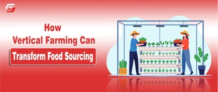 Two individuals tending to plants in a multi-tiered vertical farming setup under artificial lights, with trays of produce in hand.