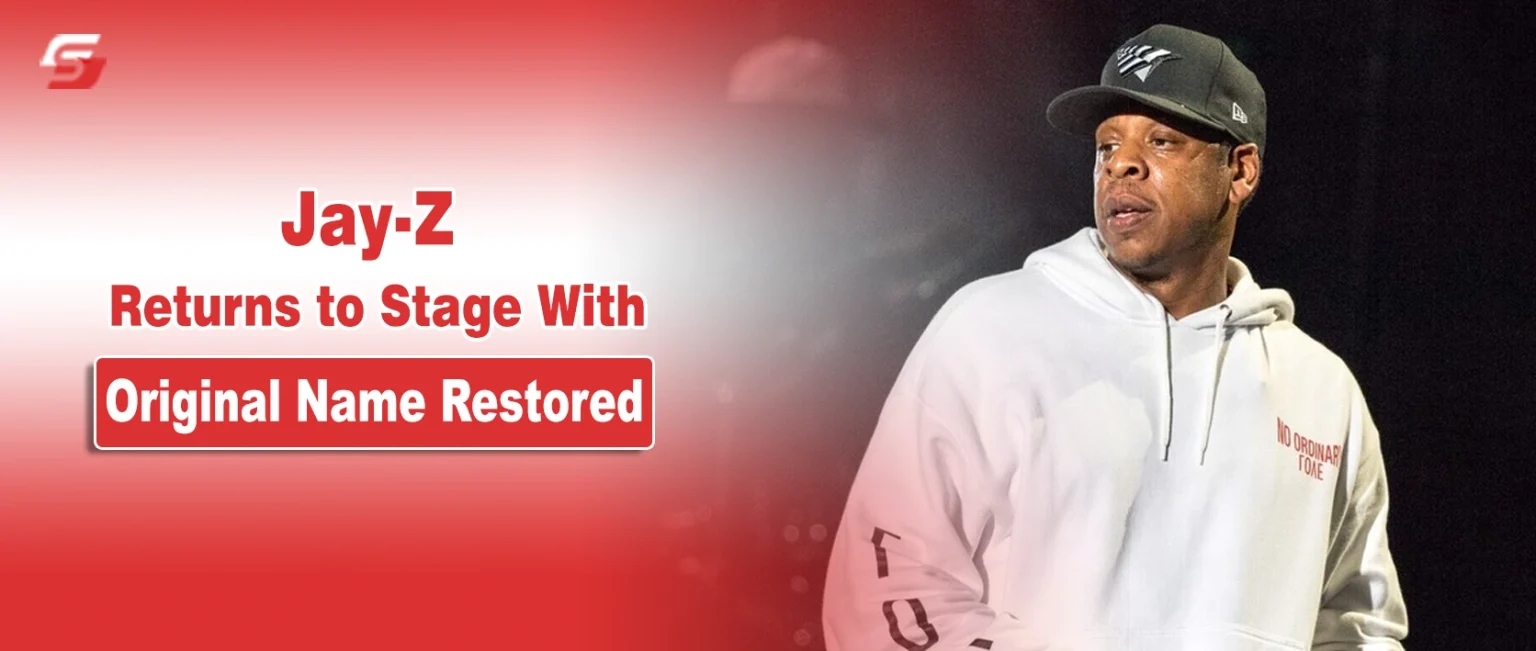 Jay-Z portrait on a red and white news graphic announcing his Yankee Stadium shows and name change explanation.