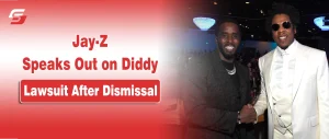 Jay-Z and Diddy shaking hands on a red branded background for an article about Jay-Z's response to the Diddy lawsuit.
