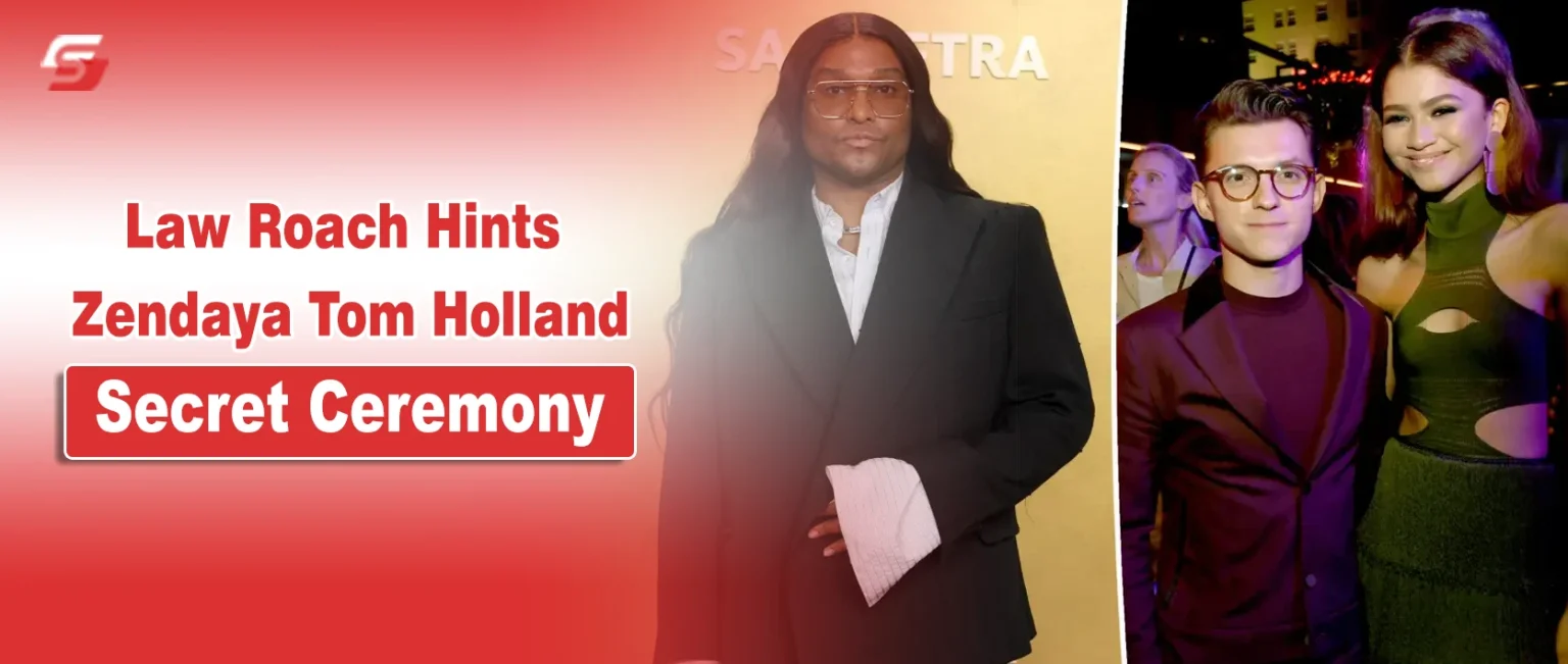 Law Roach Hints Zendaya Tom Holland Secret Ceremony" with instadp watermark on portraits of the couple.