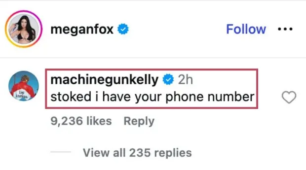 Screenshot of MGK's Flirty Comment On Megan Fox's Latest Instagram Post by Stuffablog