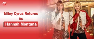Portrait of Miley Cyrus next to her reprising the role of Hannah Montana in the iconic blonde wig for the Disney+ anniversary special.