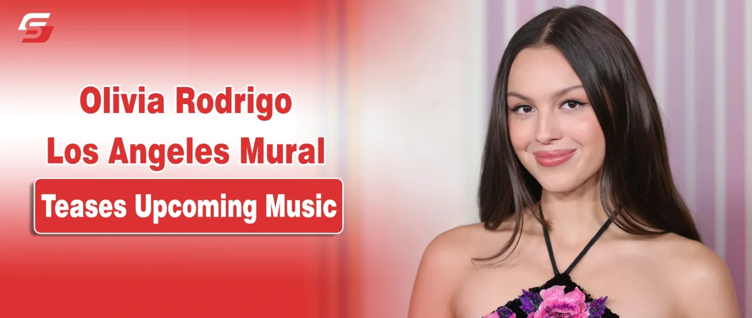 Olivia Rodrigo portrait alongside theLos Angeles mural featuring her new heart-styled OR logo, teasing her third studio album.