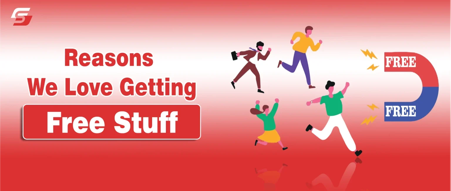 Illustration of people running toward a large magnet labeled “FREE,” symbolizing the psychological attraction to free offers. 📝 Image Description A conceptual graphic with a red-to-white gradient background. At the center, a large horseshoe magnet labeled “FREE” on both ends emits yellow lightning bolts, representing the pull of free offers. Four stylized figures are shown running eagerly toward the magnet, highlighting the strong appeal of freebies. On the left side, bold text reads: “Reasons We Love Getting Free Stuff.” The design visually conveys the idea that free items act as a powerful psychological magnet, drawing people in with excitement and urgency. Would you like me to also suggest SEO-friendly filenames and captions for this image so it performs better in search and social sharing?