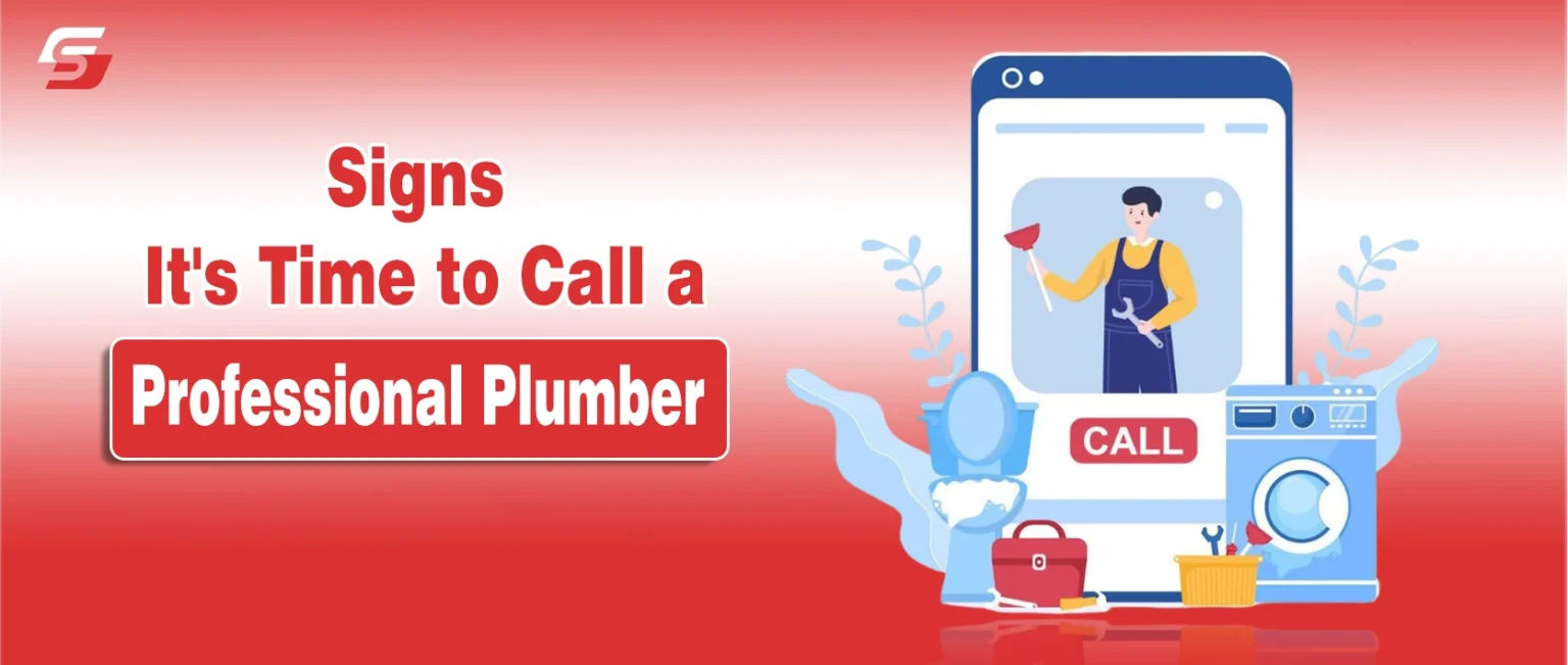 How to Know When It’s Time to Call a Professional Plumber Illustration of a plumber fixing a leaking pipe with water dripping and tools nearby.